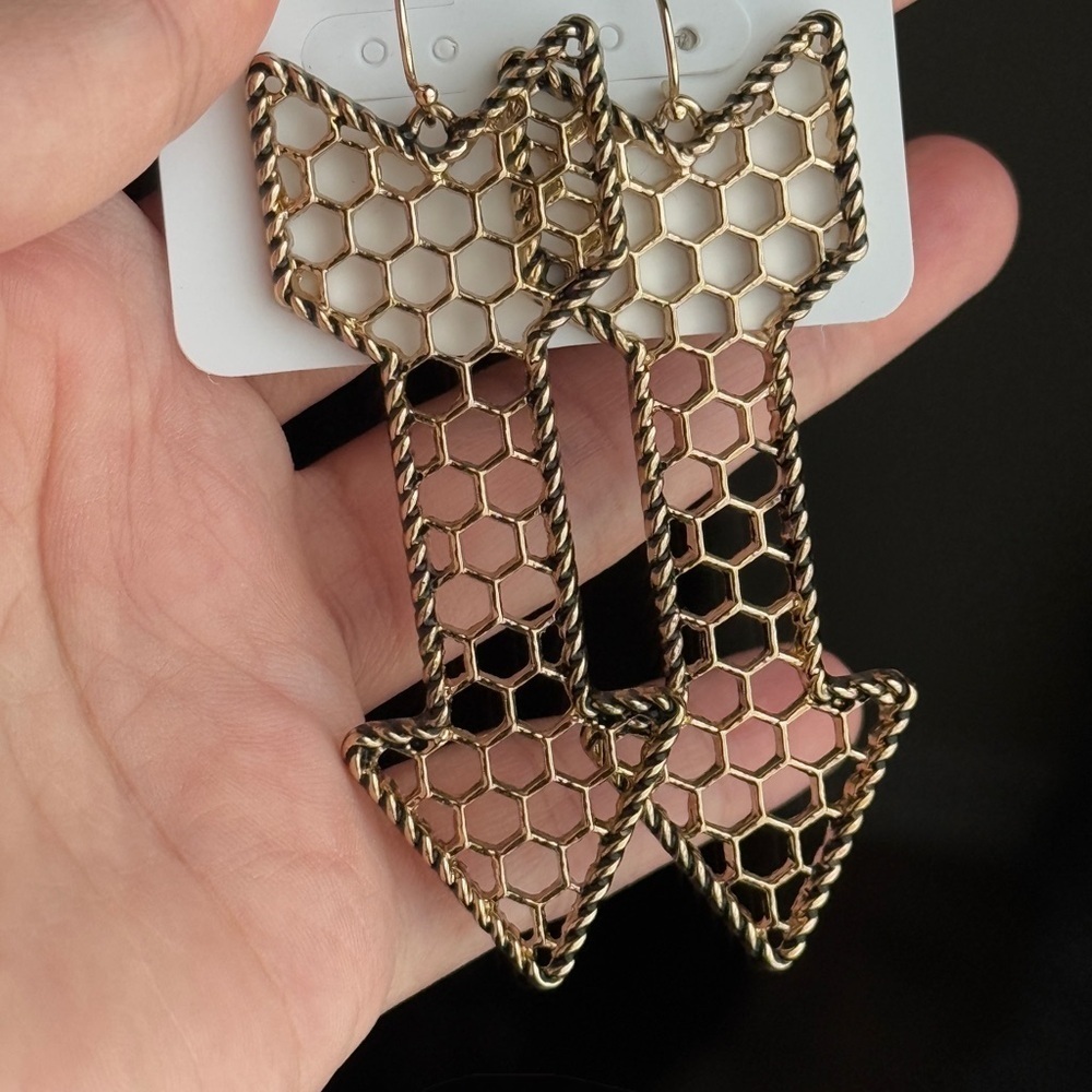 Gold Tone Honeycomb Arrow Dangle Earrings - Picture 3 of 8